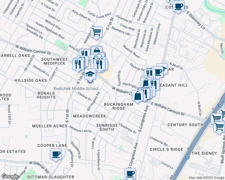 map of restaurants, bars, coffee shops, grocery stores, and more near 308 West William Cannon Drive in Austin