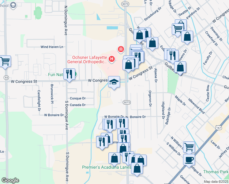 map of restaurants, bars, coffee shops, grocery stores, and more near 2910 Ambassador Caffery Parkway in Lafayette