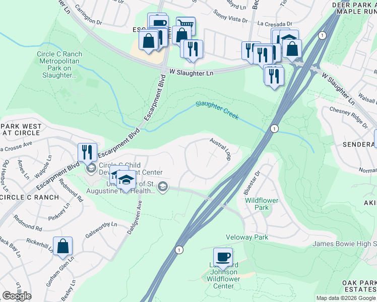 map of restaurants, bars, coffee shops, grocery stores, and more near 5415 Austral Loop in Austin