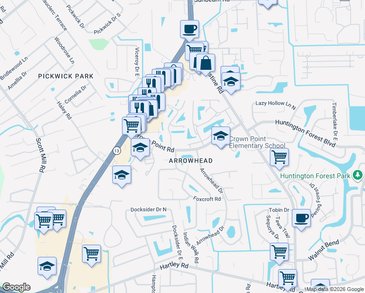 map of restaurants, bars, coffee shops, grocery stores, and more near 3765 Crown Point Road in Jacksonville