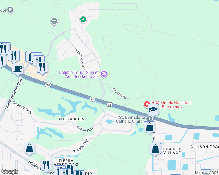 map of restaurants, bars, coffee shops, grocery stores, and more near 700 Augusta Road in Panama City Beach