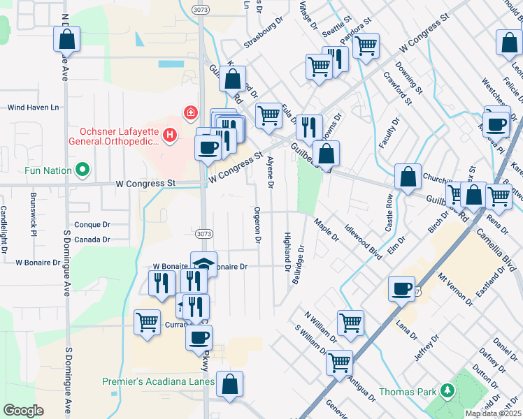 map of restaurants, bars, coffee shops, grocery stores, and more near 121 Orgeron Drive in Lafayette