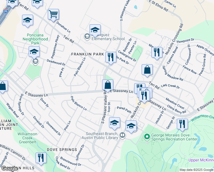 map of restaurants, bars, coffee shops, grocery stores, and more near 5311 South Pleasant Valley Road in Austin