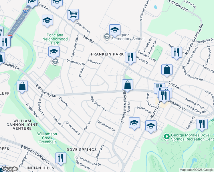 map of restaurants, bars, coffee shops, grocery stores, and more near 2527 Chaparral Trail in Austin