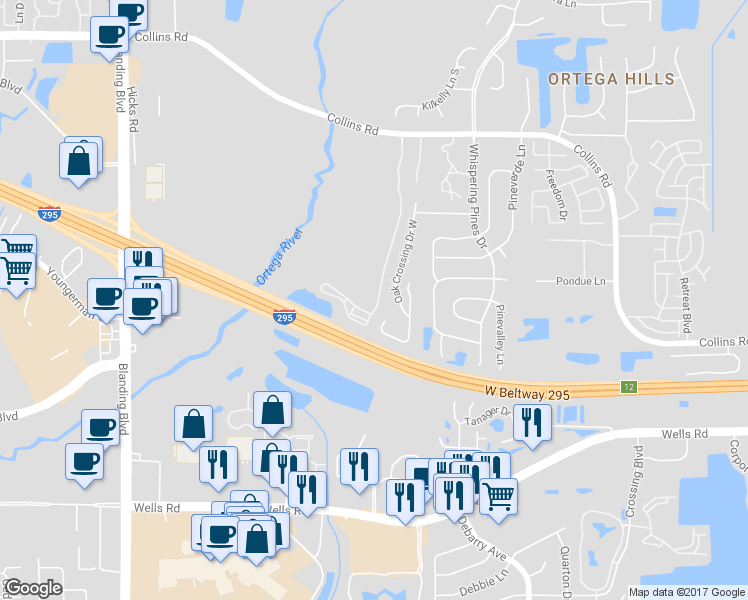 map of restaurants, bars, coffee shops, grocery stores, and more near 8408 Oak Crossing Drive West in Jacksonville