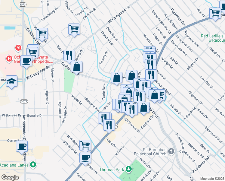 map of restaurants, bars, coffee shops, grocery stores, and more near 211 Guilbeau Road in Lafayette