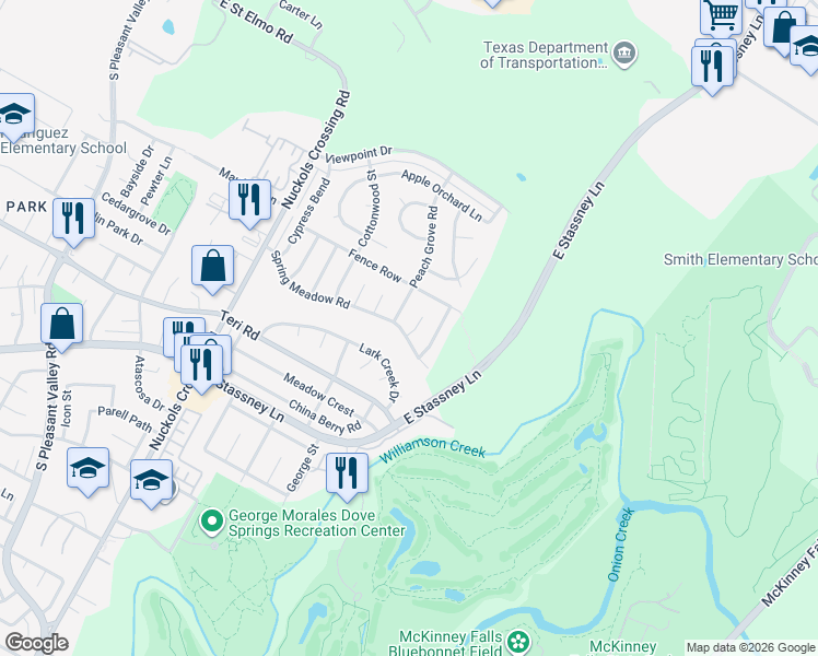 map of restaurants, bars, coffee shops, grocery stores, and more near 4808 Peach Grove Road in Austin