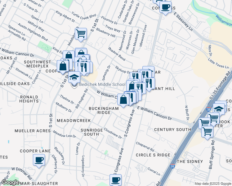 map of restaurants, bars, coffee shops, grocery stores, and more near 213 Starbright Drive in Austin