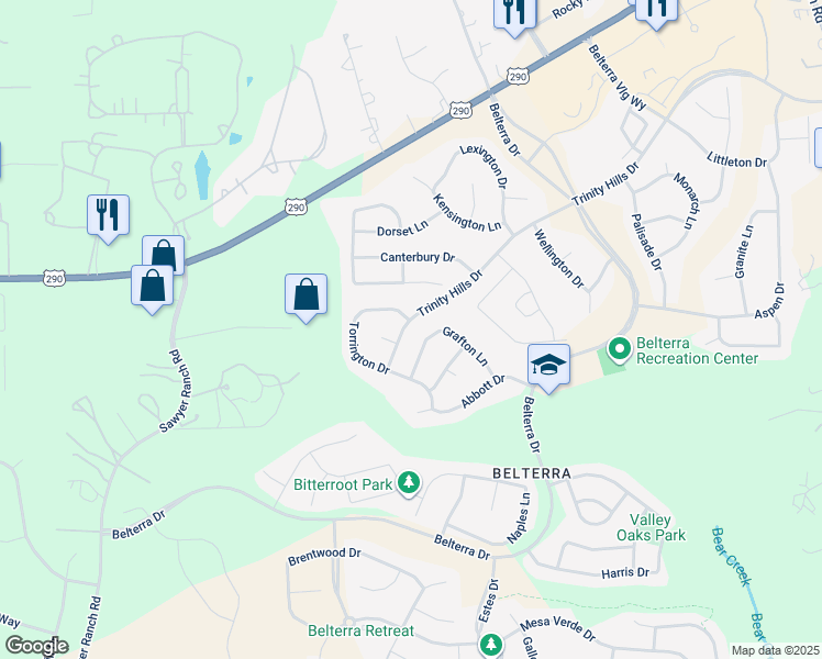 map of restaurants, bars, coffee shops, grocery stores, and more near 450 Torrington Drive in Austin