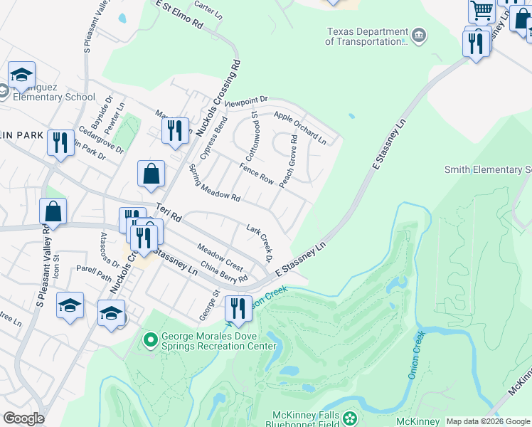 map of restaurants, bars, coffee shops, grocery stores, and more near 4808 Peach Grove Road in Austin