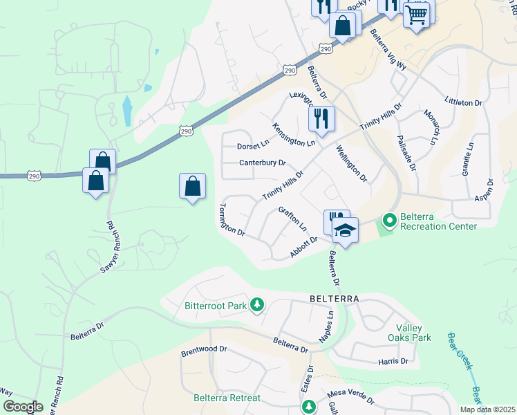 map of restaurants, bars, coffee shops, grocery stores, and more near 450 Torrington Drive in Austin