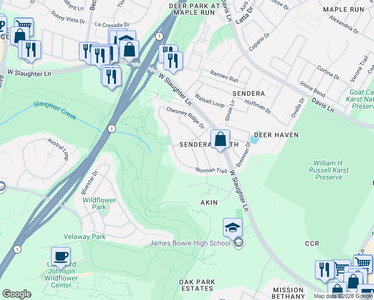map of restaurants, bars, coffee shops, grocery stores, and more near 9601 Zuniga Drive in Austin