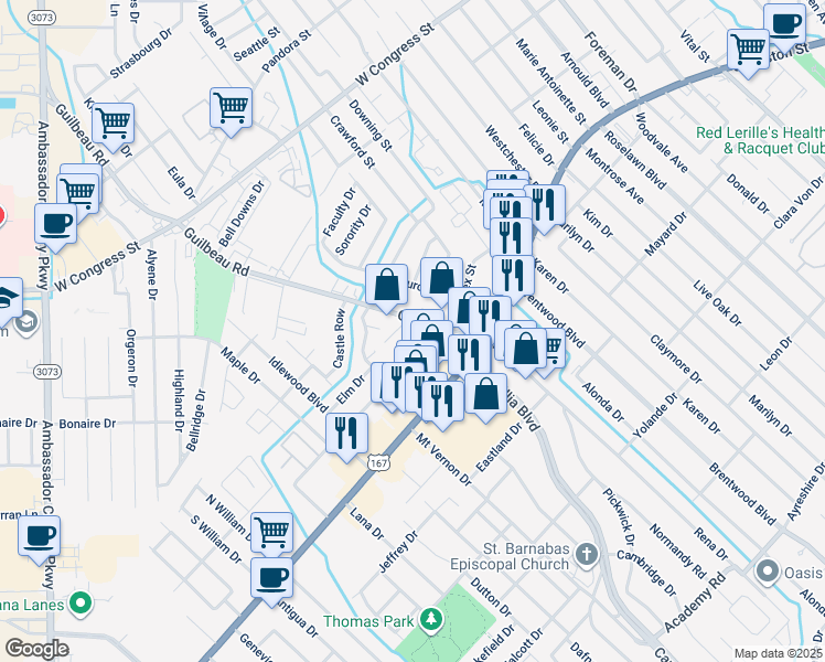 map of restaurants, bars, coffee shops, grocery stores, and more near 203 Guilbeau Road in Lafayette