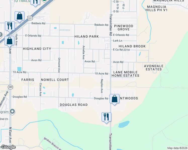 map of restaurants, bars, coffee shops, grocery stores, and more near 3329 10 Acre Road in Panama City