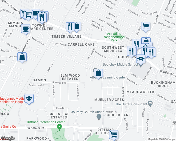 map of restaurants, bars, coffee shops, grocery stores, and more near 1101 Matthews Lane in Austin