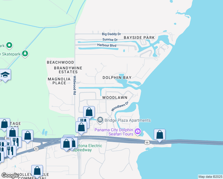 map of restaurants, bars, coffee shops, grocery stores, and more near 7131 Dolphin Bay Boulevard in Panama City Beach