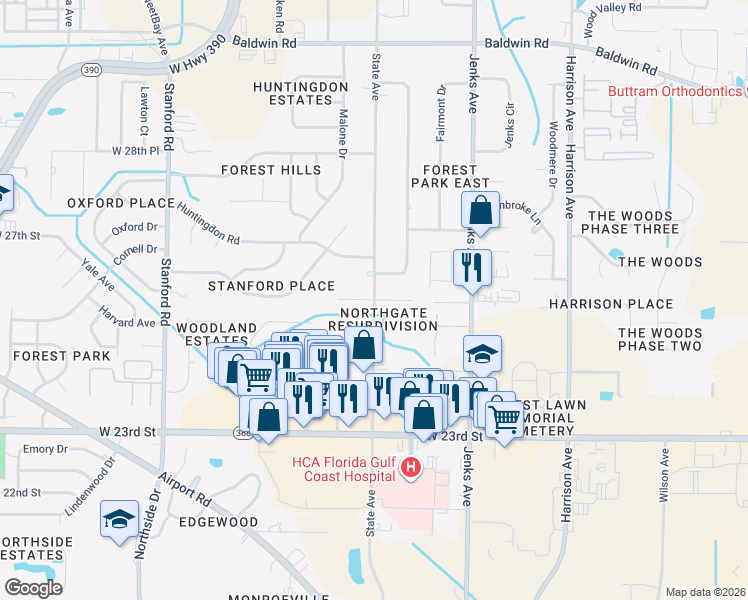 map of restaurants, bars, coffee shops, grocery stores, and more near 2600 State Avenue in Panama City