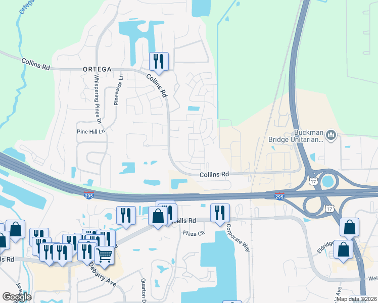 map of restaurants, bars, coffee shops, grocery stores, and more near 5209 Collins Road in Jacksonville
