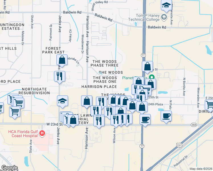 map of restaurants, bars, coffee shops, grocery stores, and more near 2601 Bayleaf Court in Panama City