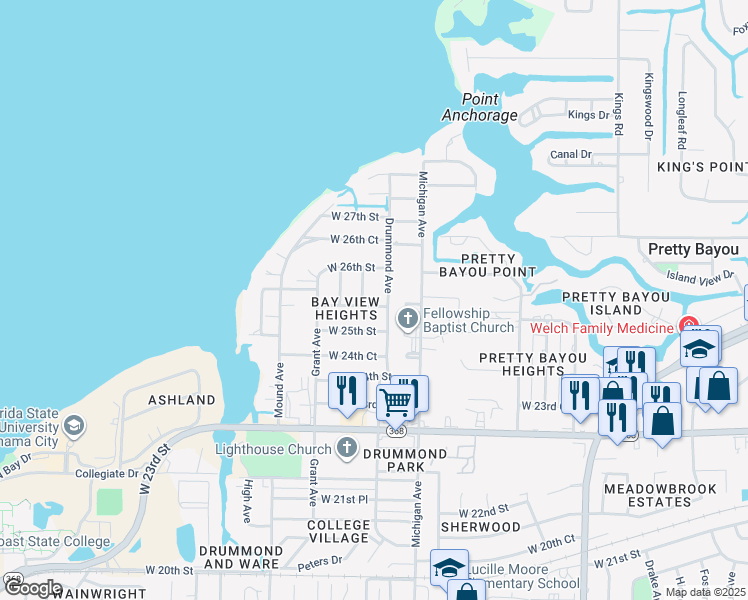 map of restaurants, bars, coffee shops, grocery stores, and more near 2511 Drummond Avenue in Panama City