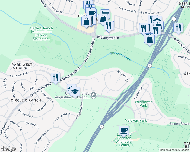 map of restaurants, bars, coffee shops, grocery stores, and more near 5532 Van Winkle Lane in Austin