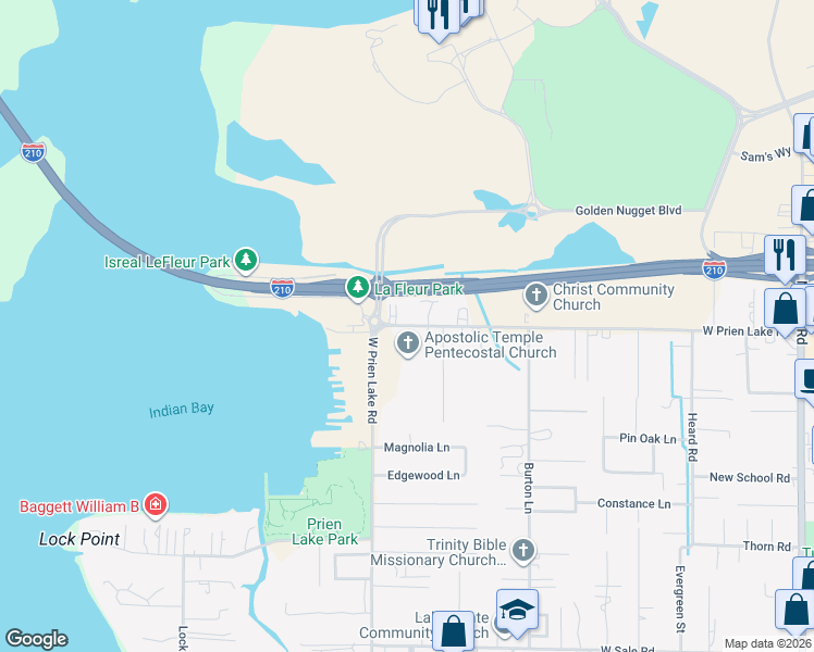 map of restaurants, bars, coffee shops, grocery stores, and more near 2728 West Prien Lake Road in Lake Charles