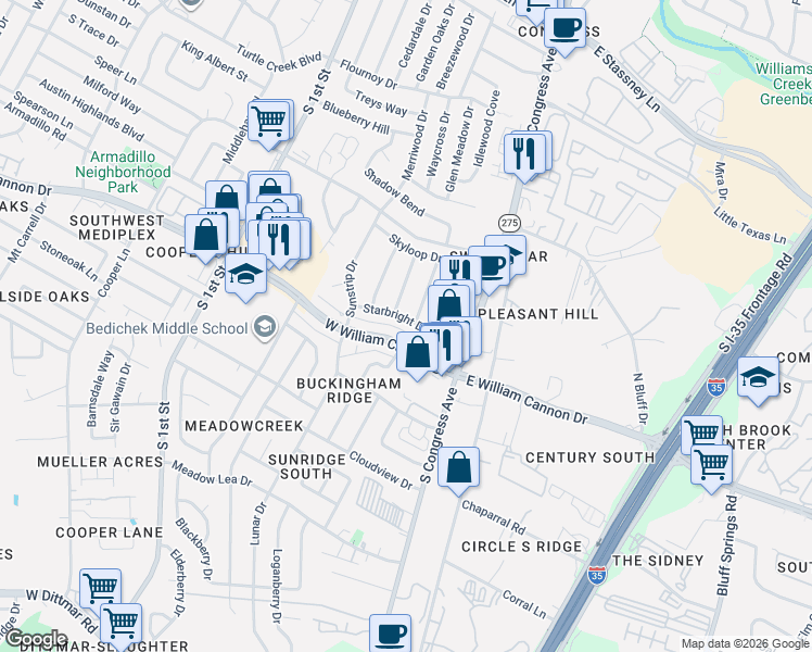 map of restaurants, bars, coffee shops, grocery stores, and more near 6510 Sunnysky Way in Austin