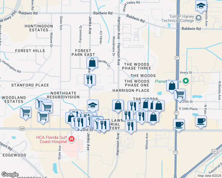 map of restaurants, bars, coffee shops, grocery stores, and more near 2575 Harrison Avenue in Panama City