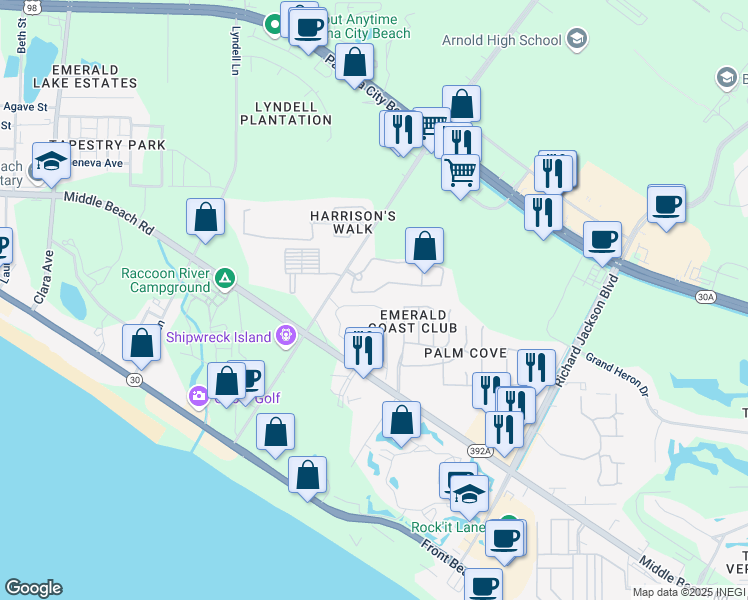 map of restaurants, bars, coffee shops, grocery stores, and more near 118 Moonraker Circle in Panama City Beach