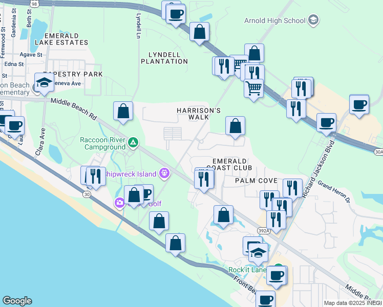 map of restaurants, bars, coffee shops, grocery stores, and more near 100 Moonraker Circle in Panama City Beach