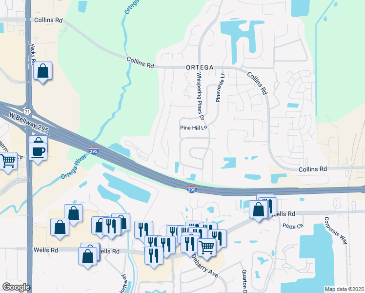 map of restaurants, bars, coffee shops, grocery stores, and more near 8649 Greatpine Lane West in Jacksonville