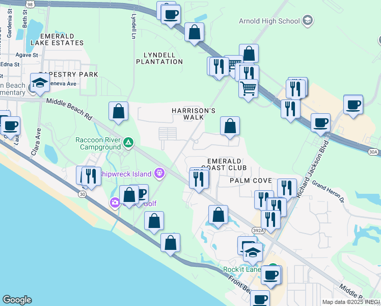 map of restaurants, bars, coffee shops, grocery stores, and more near 100 Moonraker Circle in Panama City Beach