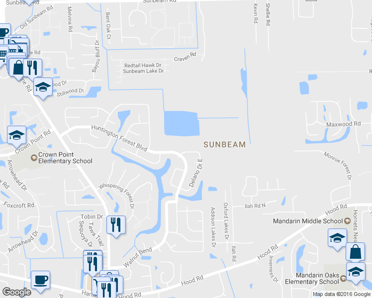 map of restaurants, bars, coffee shops, grocery stores, and more near 10017 Delano Drive North in Jacksonville