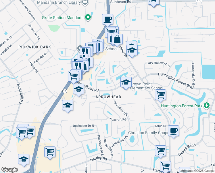 map of restaurants, bars, coffee shops, grocery stores, and more near 9957 Moorings Drive in Jacksonville