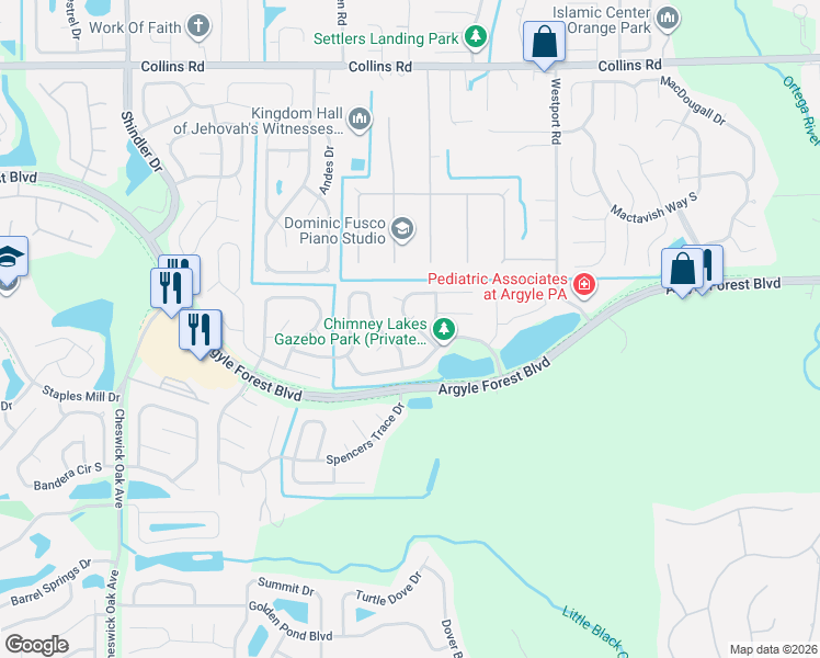 map of restaurants, bars, coffee shops, grocery stores, and more near 8275 Crosswind Road in Jacksonville