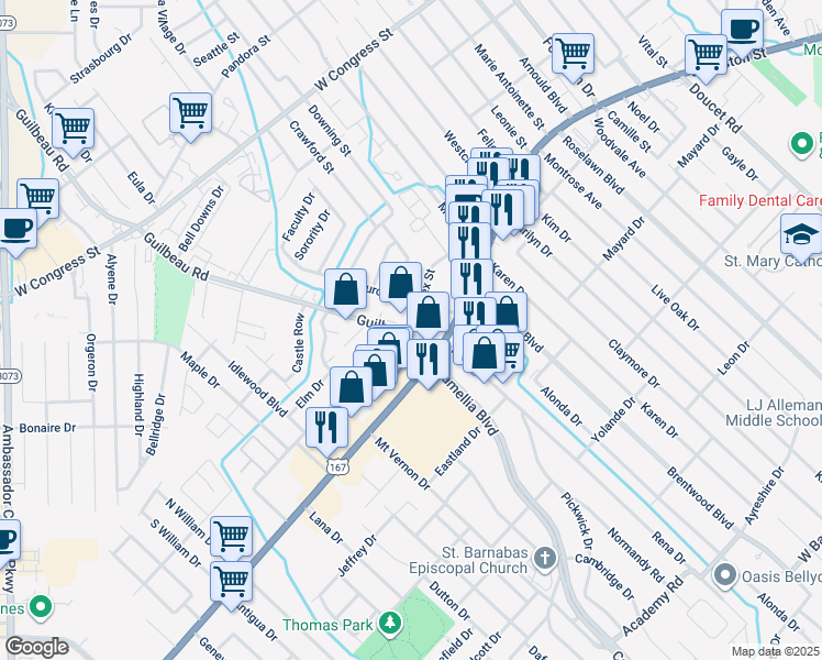 map of restaurants, bars, coffee shops, grocery stores, and more near 110 Guilbeau Road in Lafayette