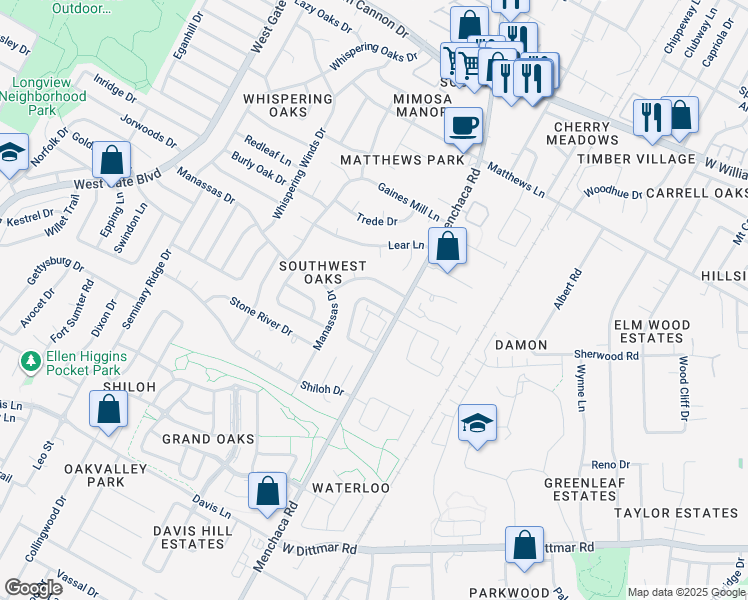 map of restaurants, bars, coffee shops, grocery stores, and more near 7708 Beauregard Circle in Austin