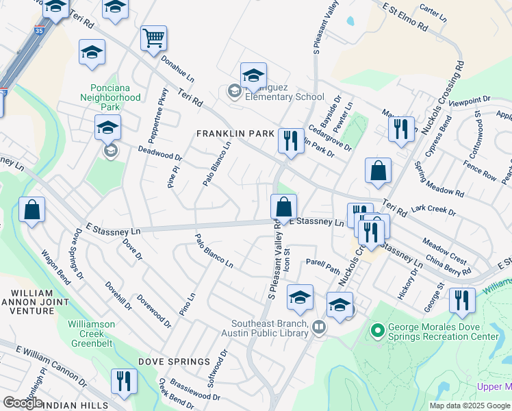 map of restaurants, bars, coffee shops, grocery stores, and more near 2505 Village Trail Circle in Austin