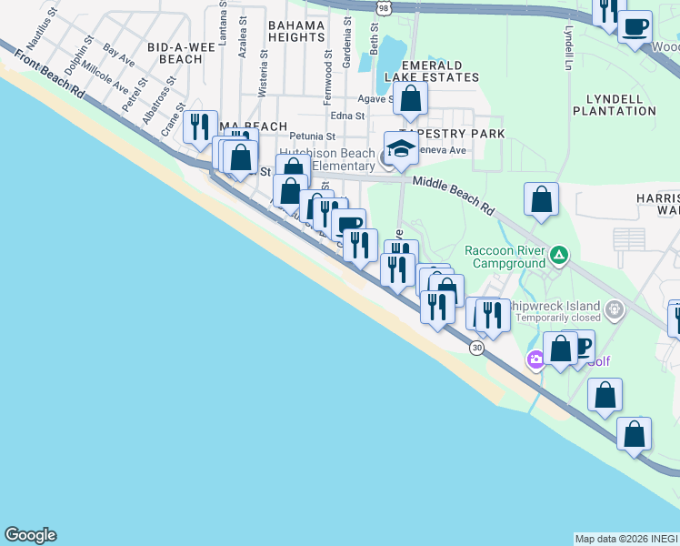 map of restaurants, bars, coffee shops, grocery stores, and more near 12907 Florida 30 in Panama City Beach