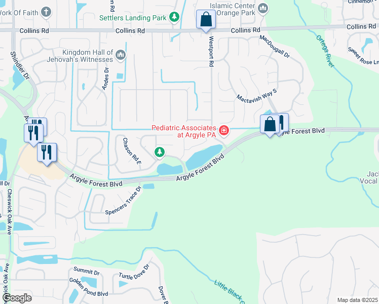 map of restaurants, bars, coffee shops, grocery stores, and more near 8050 Copperfield Circle South in Jacksonville