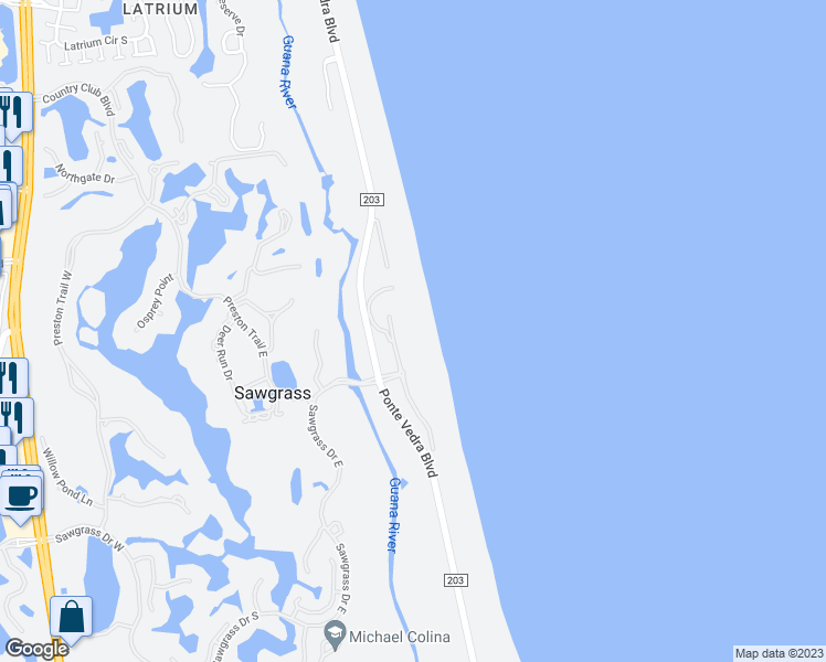 map of restaurants, bars, coffee shops, grocery stores, and more near 816 Spinnakers Reach Drive in Ponte Vedra Beach