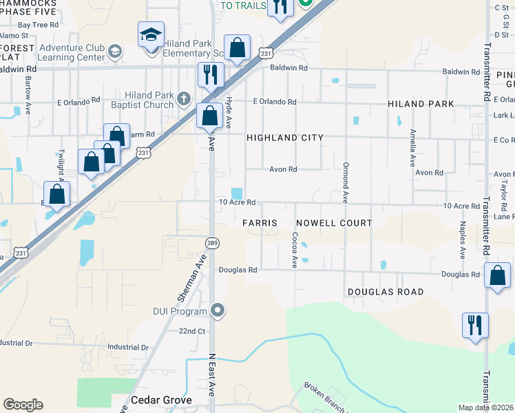 map of restaurants, bars, coffee shops, grocery stores, and more near 2535 Wakulla Avenue in Panama City