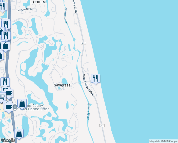 map of restaurants, bars, coffee shops, grocery stores, and more near 821 Spinnakers Reach Drive in Ponte Vedra Beach