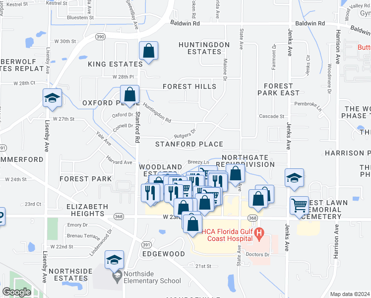 map of restaurants, bars, coffee shops, grocery stores, and more near 824 Brandeis Avenue in Panama City