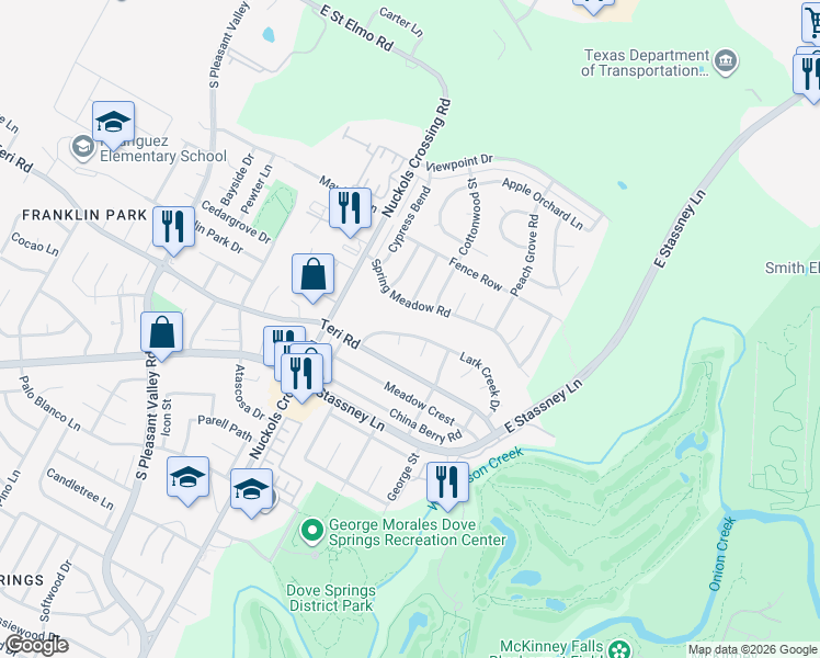 map of restaurants, bars, coffee shops, grocery stores, and more near 5504 Lark Creek Drive in Austin