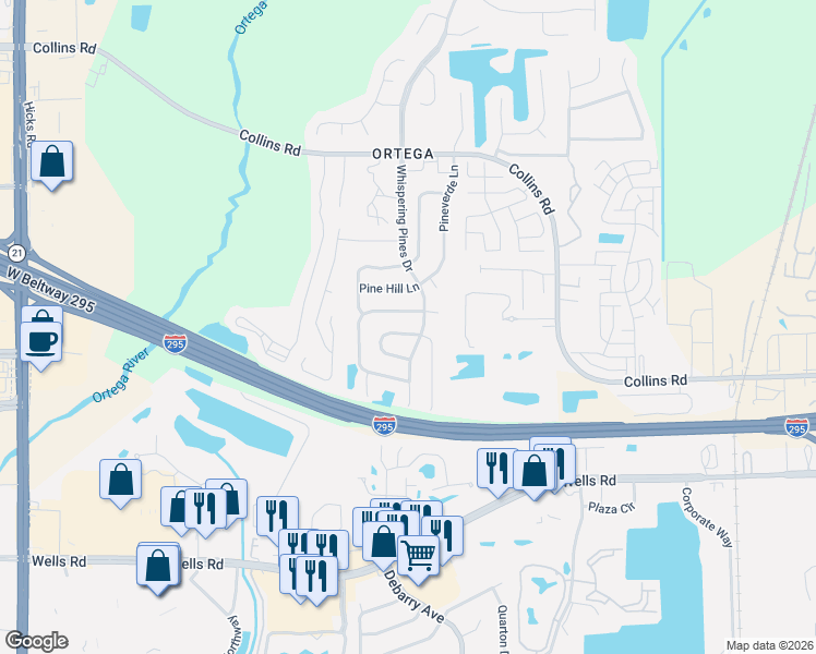 map of restaurants, bars, coffee shops, grocery stores, and more near 5553 Pinebay Circle North in Jacksonville