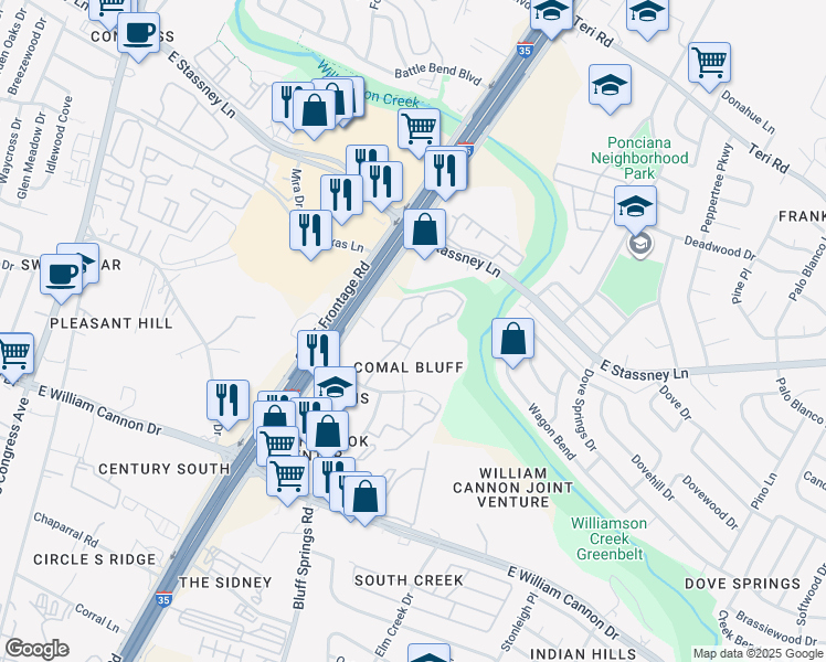 map of restaurants, bars, coffee shops, grocery stores, and more near 10 Sneed Cove in Austin
