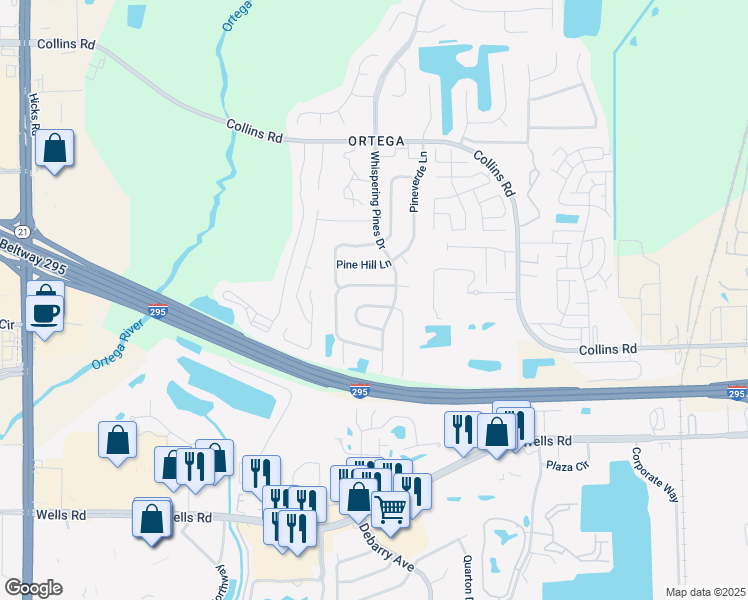 map of restaurants, bars, coffee shops, grocery stores, and more near 5553 Pinebay Circle North in Jacksonville