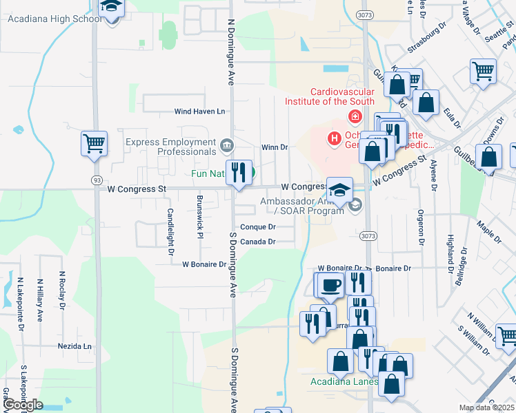 map of restaurants, bars, coffee shops, grocery stores, and more near 206 Palm Springs Avenue in Lafayette