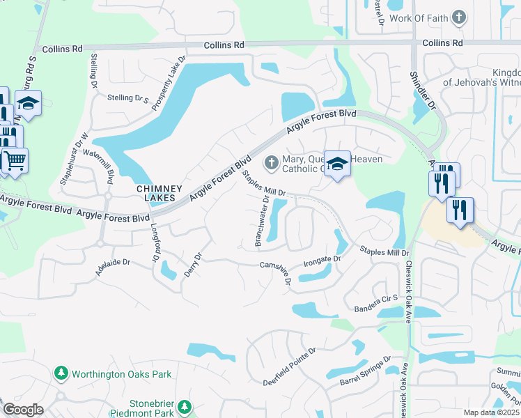 map of restaurants, bars, coffee shops, grocery stores, and more near 8417 Branchwater Drive in Jacksonville